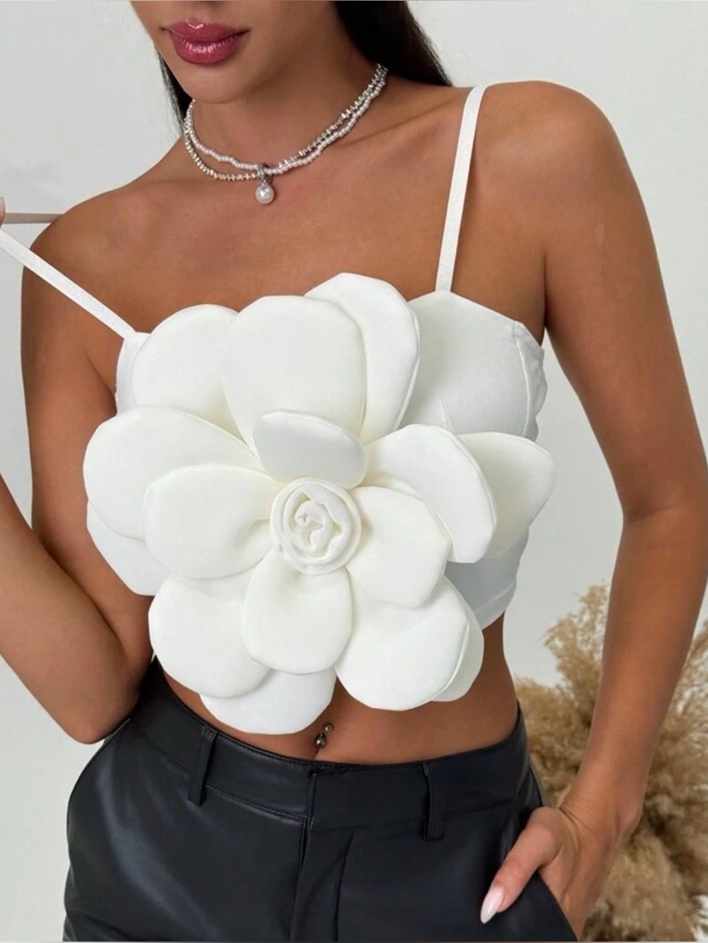 White Floral Appliqué Camisole Top - Women's Elegant Statement Piece